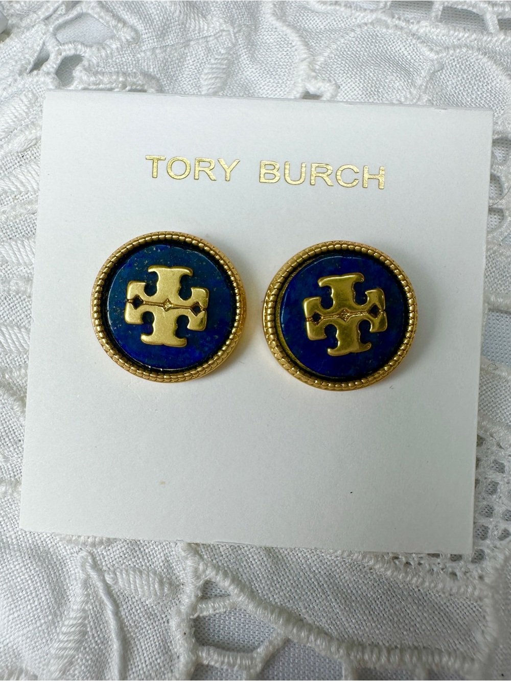 Tory Burch Navy Blue and Gold Logo Button Earrings